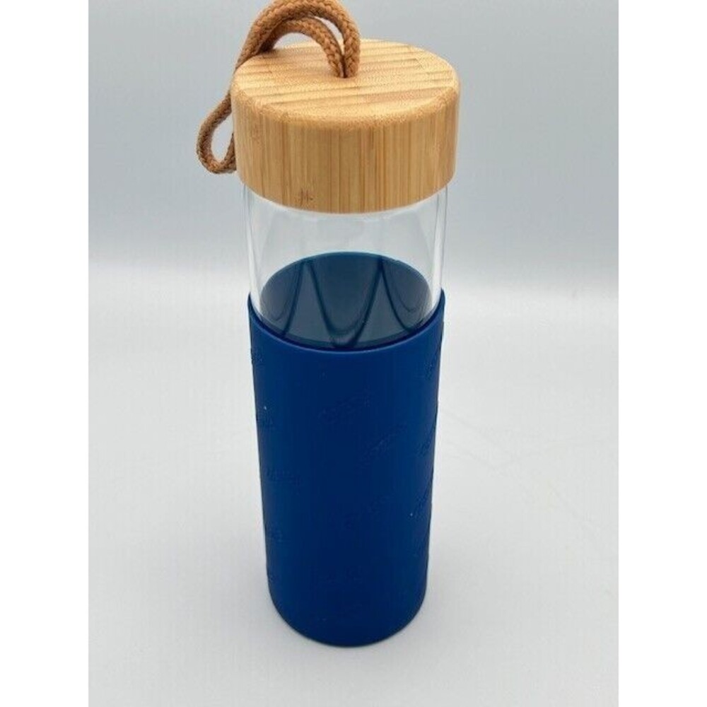 Eco-Friendly 10 oz Navy Blue Glass Tumbler: Silicone Grip, Bamboo Cap NIB